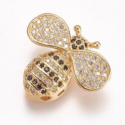 Golden Brass Micro Pave Cubic Zirconia Pendants, Multi-strand Links, Bees, Colorful, Golden, 20x20x6mm, Hole: 2mm