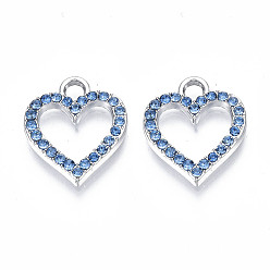 Light Sapphire Alloy Charms, with Rhinestone, Cadmium Free & Lead Free, Heart, Light Sapphire, 17x15x2mm, Hole: 2.5mm