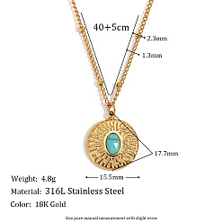 Плоский Круглый 316Ожерелье из хирургической нержавеющей стали с подвеской из синтетической бирюзы, реальный 18 k позолоченный, плоско-круглые, 17.72 дюйм (45 см), Кулон : 17.7x15.5 мм