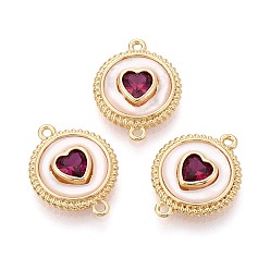 Настоящее золото 18K Подвески из латуни с инкрустацией из темно-розовых кубических цирконий и соединительными элементами в виде ракушек., плоский круглый с сердечками, реальный 18 k позолоченный, 18x14x4 мм, отверстие : 1.2 мм