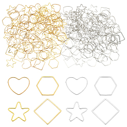 Mixed Color 240Pcs 8 Style Brass Linking Rings, Heart & Star & Hexagon & Square, Mixed Color, 18.5~22x20~22.5x1mm, 30pcs/style