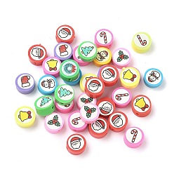 Santa Claus Печатные бусины из полимерной глины ручной работы, плоско-круглые, Дед Мороз, 9~10x4.5~5 мм, отверстие : 1.6 мм