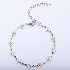 Белый Браслеты-цепочки из сплава ромашки с эмалью для женщин, платина, белые, 6-3/4 дюйм (17 см)