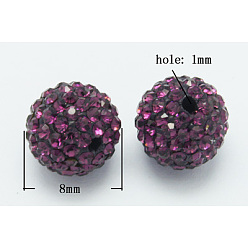 Amethyst Grade A Rhinestone Pave Disco Ball Beads, for Unisex Jewelry Making, Round, Amethyst, PP9(1.5.~1.6mm), 8mm, Hole: 1mm