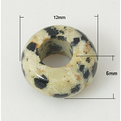 Dalmatiner Jaspis Edelstein Perlen europäischen, Dalmatiner Jaspis Natur, Großloch perlen, Rondell, beige / schwarz, 12x6 mm, Bohrung: 5 mm