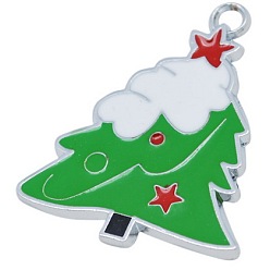White Alloy Enamel Pendants, Cadmium Free & Lead Free, Platinum Color, Christmas Tree, White and Green, 37x31x2mm, Hole: 2mm