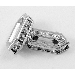 Платина Латуни Ближнем Востоке горный хрусталь прокладки моста, 5 шт. инкрустированные кристаллами стразы, без никеля , шестиугольник, платина, 11x4.5x2.5 мм, отверстие : 1 мм, 2 отверстия