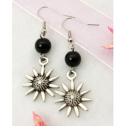 Black Dangle Sunflower Earrings, with Tibetan Style Pendant, Glass Beads and Brass Earring Hook, Black, 52mm
