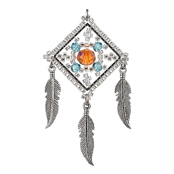 Серебро Подвески из бисера ручной работы, с кольцом для прыжка и плетеной сеткой из сплава с перьями, серебряные, 60x35x8 мм, отверстие : 3.5 мм