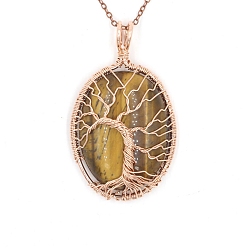Тигровый глаз Подвески из латунной проволоки с натуральным тигровым глазом, овал с подвесками в виде дерева, розовое золото , 43x33 мм
