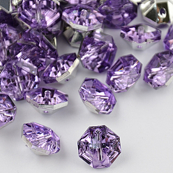 Medium Purple 2-Hole Taiwan Acrylic Rhinestone Octagon Buttons, Faceted & Silver Plated Pointed Back, Medium Purple, 12.5x13x7mm, Hole: 1mm