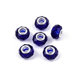 Темно-Синий Прозрачное стекло европейские шарики, бусины с большим отверстием, с медными сердечниками, граненые, рондель, темно-синий, 13.5~14x9~9.5 мм, отверстие : 5 мм