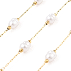 Настоящее золото 18K Ионное покрытие (ip) 304 цепи для канцелярских скрепок из нержавеющей стали, пайки, с abs имитационными жемчужными бусинами , овальные, реальный 18 k позолоченный, 7.5x6 мм, около 16.40 футов (5 м) / рулон