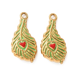 Зеленый 304 нержавеющей стальной эмали подвески, прелести из перьев, ионное покрытие (ip), реальный 18 k позолоченный, зелёные, 19x9x4 мм, отверстие : 1.4 мм