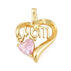 Real 18K Gold Plated Mother's Day Brass Pave Pink Cubic Zirconia Pendants, Heart with Word Mom Charms, Rack Plating, Long-Lasting Plated, Lead Free & Cadmium Free, Real 18K Gold Plated, 21x16x5mm, Hole: 3x2mm