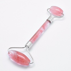 Cherry Quartz Glass Cherry Quartz Brass Face Massager, Facial Rollers, Platinum, 142~150x54~58x19~22mm