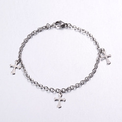 Stainless Steel Color 304 Stainless Steel Charm Bracelets, Cross, with Lobster Clasp, Stainless Steel Color, 7-1/2 inch~7-7/8 inch(19~20cm), 3mm