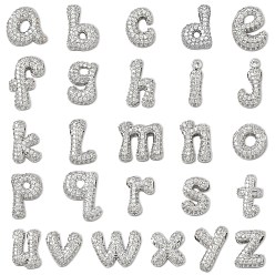 Platinum Brass Micro Pave Clear Cubic Zirconia Pendants, Letter A~Z Charms, Rack Plating, Long-Lasting Plated, Cadmium Free & Lead Free, Platinum, 12~18x14~17x4mm, Hole: 2~2.5x1mm, about 26pcs/set