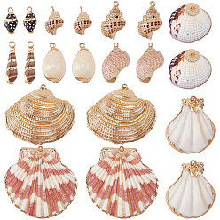 Golden 20Pcs 10 Styles Electroplated Natural Mixed Shell Pendants, Shell Shape Charms, with Iron Findings, Mixed Color, Golden, 16~52x8~54.5x3~20mm, Hole: 1~2.5mm, 2pcs/style