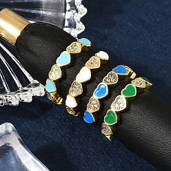 (52) Непрозрачная лаванда Кольца-манжеты из латуни с микропаве из прозрачного кубического циркония и эмалью для женщин, без кадмия, без никеля и без свинца, сердце, реальный 18 k позолоченный, разноцветные, внутренний диаметр: регулируемый