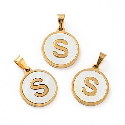 Letter S Вакуумное покрытие pvd 304 нержавеющая сталь с подвесками из белой ракушки, золотые, плоский круглый с подвеской в виде буквы, letter.s, 18x16x1.5 мм, отверстие : 3x6 мм