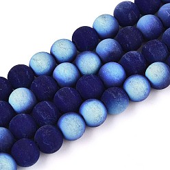 Темно-Синий Матовые непрозрачные стеклянные бусы пряди, круглые, с половиным покрытием, с покрытием AB цвета, темно-синий, 8~8.5 мм, отверстие : 1 мм, около 51~53 шт / нитка, 14.57~15.35 дюйм (37~39 см)