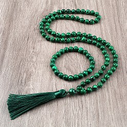 Малахит Комплекты ожерелий и браслетов с круглыми бусинами из синтетического малахита, 850 мм и 180 мм