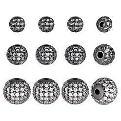 Gunmetal 12Pcs 3 Styles Brass Micro Pave Cubic Zirconia Beads, Round, Gunmetal, 6~10.5mm, Hole: 1.4~2mm, 4pcs/style