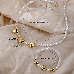 Золотой Комплекты браслетов и ожерелий в форме латунных сердец для женщин, с круглыми жемчужинами имитационных, золотые, 445 мм, Сердце: 15x20 mm