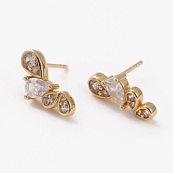 Golden Brass Micro Pave Clear Cubic Zirconia Stud Earrings, Long-Lasting Plated, Teardrop, Golden, 16x7.5x3mm, Pin: 0.7mm