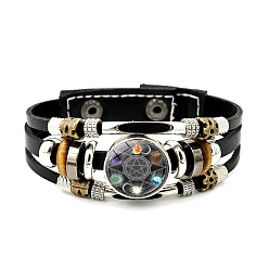 Gray Imitation Leather Triple Lines Multi-strand Bracelets with Flat Round Links, Gray, 8-1/8 inch(20.5cm)