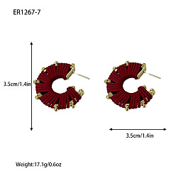 Темно-Красный Серьги-гвоздики из сплава и искусственной кожи, золотые, плетеный С-образный, темно-красный, 35 мм