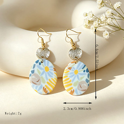 Colorido Pendientes colgantes hechos a mano de arcilla polimérica y aleación., ovalada con diseño de flores, dorado, colorido, 64x23 mm