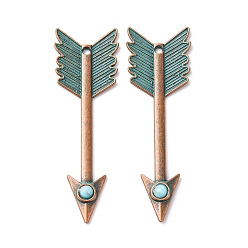 Arrow Сплав с синтетической бирюзой большие подвески, красная медь и зеленая патина, стрелка, 59.5x18x4 мм, отверстие : 2 мм