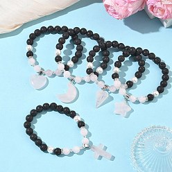 Mixed Shapes Браслеты с подвесками из натурального мадагаскарского розового кварца, лавовой породы и жемчуга из ракушек., круглые браслеты из бисера для женщин, С немагнитным синтетическим гематитом, разнообразные, внутренний диаметр: 1.97 дюйм (5 см)