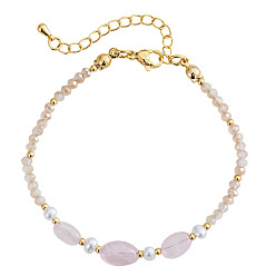 Doré  Bracelets en perles de quartz rose naturel, de verre, de perles d'imitation et de laiton pour femmes, rondelle et ovale, or, 6.50 pouce (16.5 cm)