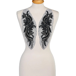 Черный 1 пара полиэстеровых компьютеризированных вышитых тканей, термоприклеиваемых/пришиваемых заплаток, цветок, горный хрусталь и стеклянные бусы, чёрные, 357x127x7.5 мм