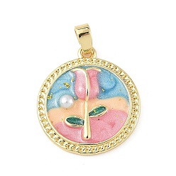 Pink Латунь эмаль подвески, с пластиковой имитацией жемчуга, стойки покрытие, долговечный, без кадмия и без свинца, реальный 18 k позолоченный, плоская круглая с подвеской в виде цветка, розовые, 21x19x3.5 мм, отверстие : 3x5 мм