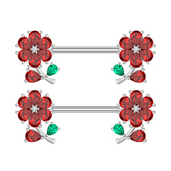 Цветок 304 штанги для сосков из нержавеющей стали с красным кубическим цирконием, цвет нержавеющей стали, цветок, 13x16 мм, Цветок: 13x10 мм