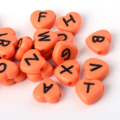 Коралловый Непрозрачные акриловые бусины с горизонтальным отверстием, сердце со случайными буквами, коралл, 10.5x11.5x4.5 мм, отверстие : 2 мм, Около 1200 шт / 500 г