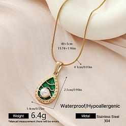 Teardrop Винтажная 304 подвеска из нержавеющей стали с зеленой эмалью, круглая цепочка-змейка для женщин, золотые, с белым искусственным жемчугом, слеза, 15.75 дюйм (40 см)