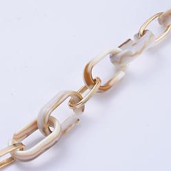 Peru Handmade Paperclip Chains, Drawn Elongated Cable Chains, with Aluminium Linking Rinds and Acrylic Linking Rinds, Imitation Gemstone Style, Light Gold, Peru, Link: 16x8x2mm, 18.5x11.5x4.5mm, 39.37 inch(1m)/strand