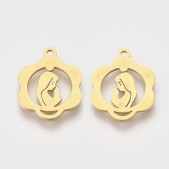 Golden 201 Edelstahl Anhänger, Laser geschnittene Anhänger, Blume mit Mädchen, golden, 17.5x14x1 mm, Bohrung: 1.2 mm