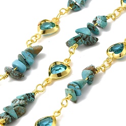 Синтетическая Бирюза Латунные соединительные цепи ручной работы, с синтетической бирюзой и стеклянными бусинами и катушкой, долговечный, пайки, без свинца и без кадмия, сердце, золотые, сердце ссылки: 12.5x7.5x3мм