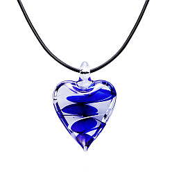 Средно-синий Женские ожерелья с подвеской в виде стеклянного сердца из черного вощеного шнура, светло-синий, 17.72 дюйм (45 см)