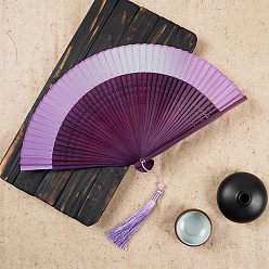 Lilac Chinese Style Folding Fan with Tassel, Bamboo Hand Fan for Party Wedding Dancing Decoration, Lilac, 215mm
