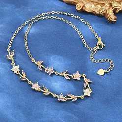 Colorful Brass Pave Cubic Zirconia Flower Link Chain Necklaces, Cadmium Free & Lead Free, Rack Plating, Long-Lasting Plated, Real 18K Gold Plated, Colorful, 17.28 inch(43.9cm)