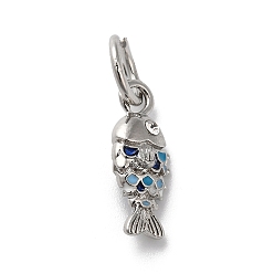 Platinum Alloy Rhinestone Pendants, with Enamel and Jump Ring, Fish Charm, Platinum, 18x7.5x5.5mm