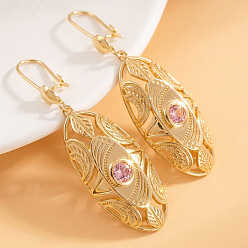 Pink Brass Micro Pave Cubic Zirconia Hoop Dangle Earrings, Oval, Golden, Pink, 70x30mm