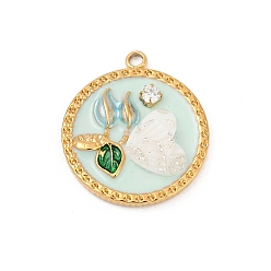 Плоский Круглый 304 подвески из нержавеющей стали, с эмалевой и стразовой отделкой, ионное покрытие (ip), реальный 18 k позолоченный, плоско-круглые, 22x19x5 мм, отверстие : 1.8 мм